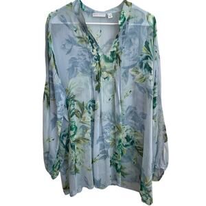 Susan Graver Women's 1X Blue Sheer Leaf Lightweight Top